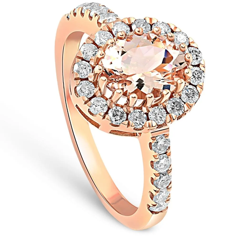 1 1/2 CT Oval Morganite & Diamond Halo Ring 14K Rose Gold