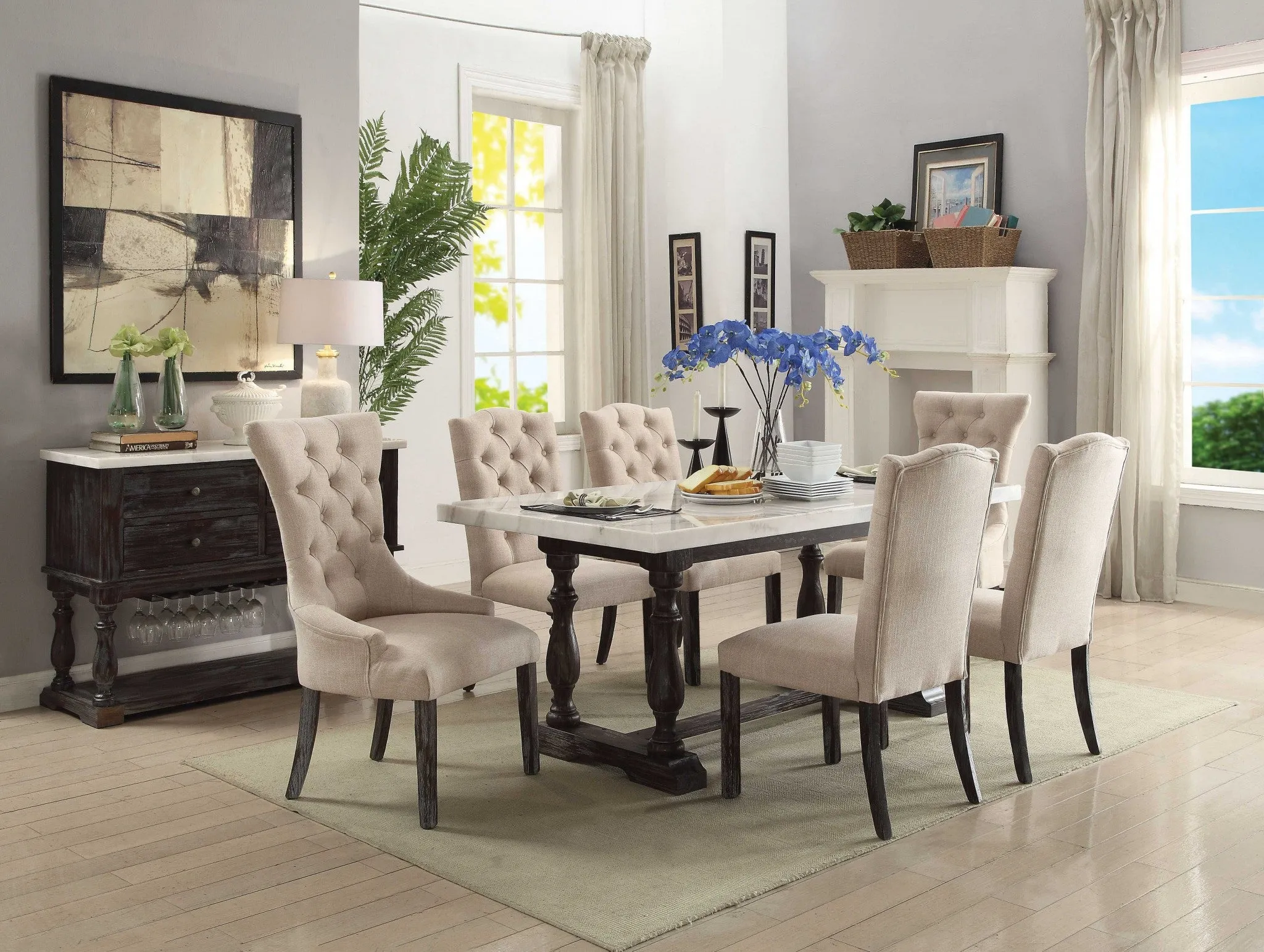 38 White and Gray Marble and Solid Wood Dining Table