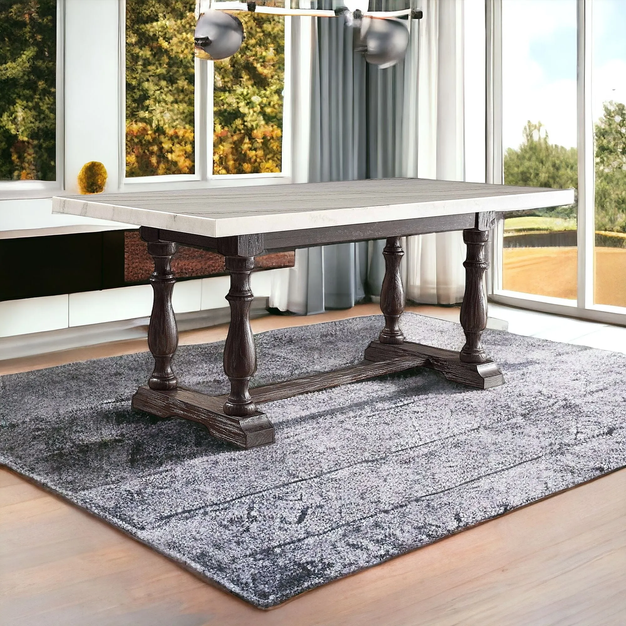 38 White and Gray Marble and Solid Wood Dining Table