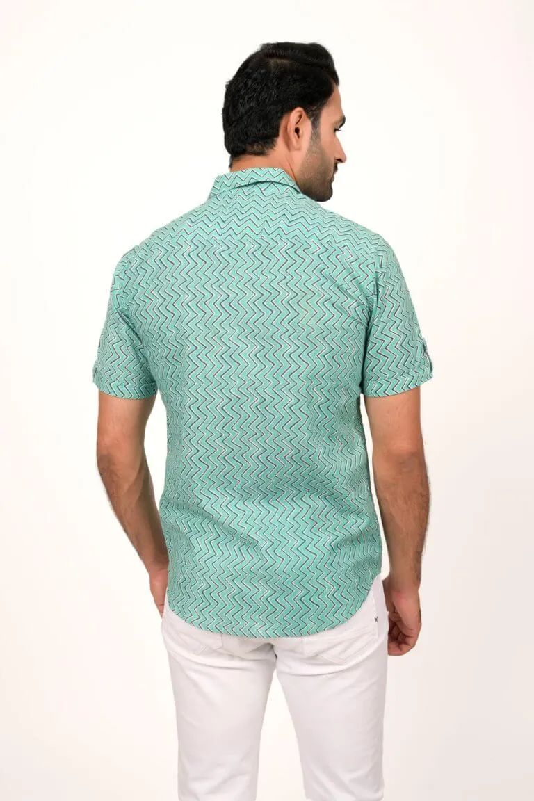 Aqua Blue Printed Half Sleeve Shirt