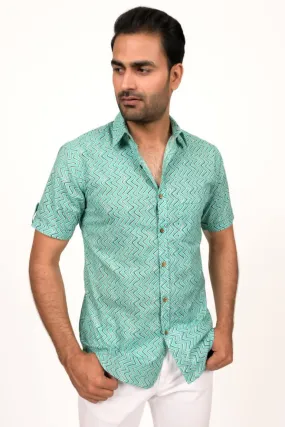 Aqua Blue Printed Half Sleeve Shirt