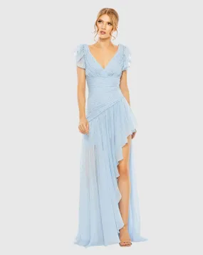 Asymmetrical Ruched Gown With Flutter Sleeves