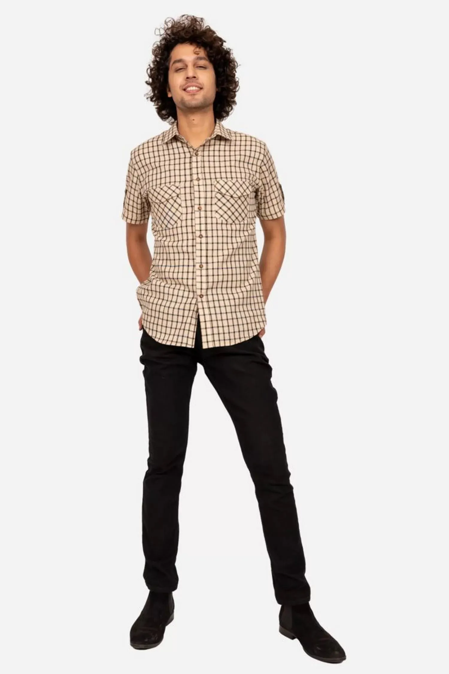 Cream And Black Checked Cotton Half Sleeve Shirt