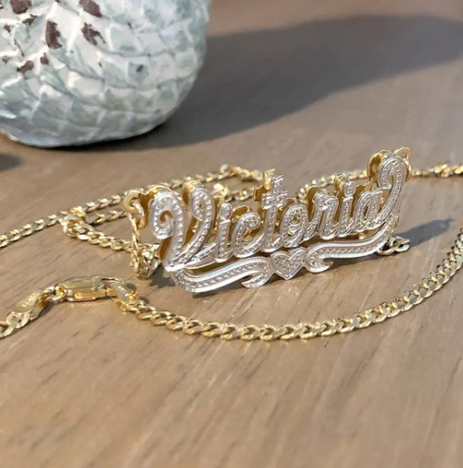 Double Plated Beaded Nameplate Necklace