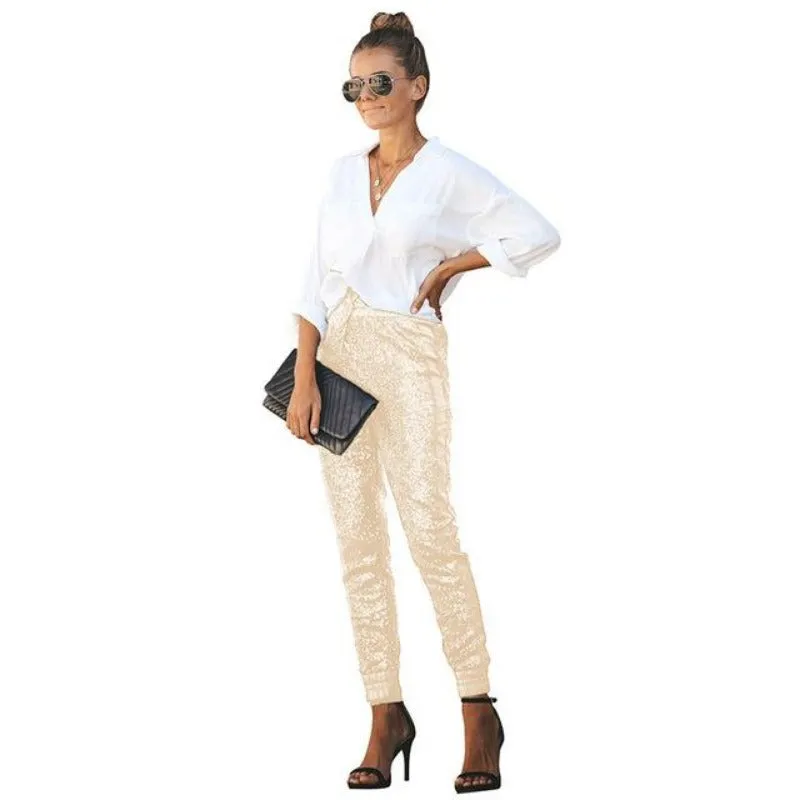 Elastic High Waist Leather Sequin Long Pencil Pants