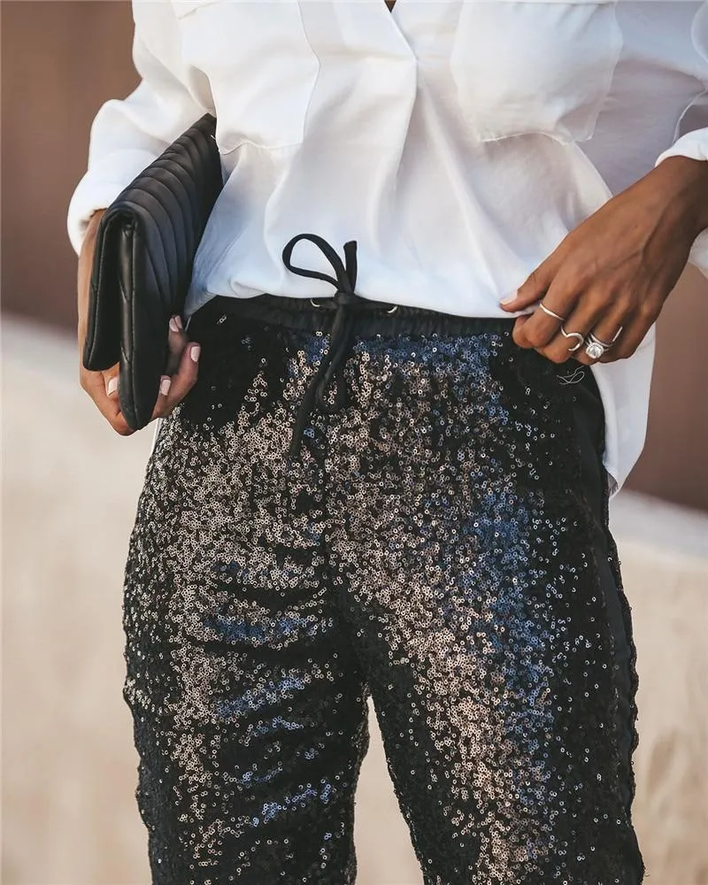 Elastic High Waist Leather Sequin Long Pencil Pants