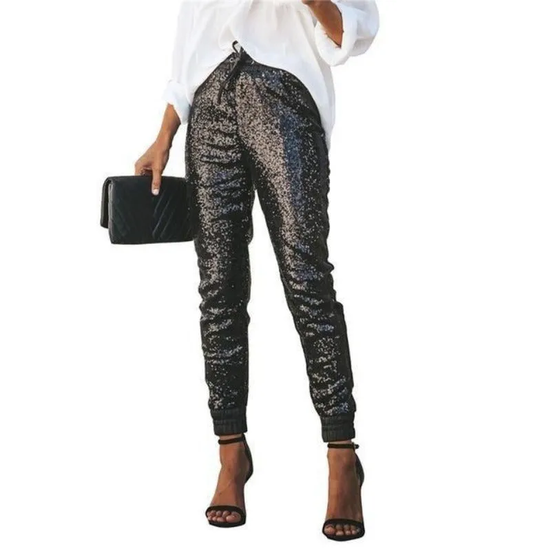 Elastic High Waist Leather Sequin Long Pencil Pants