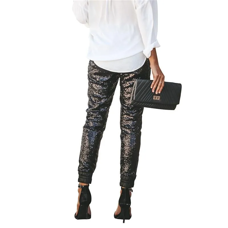 Elastic High Waist Leather Sequin Long Pencil Pants