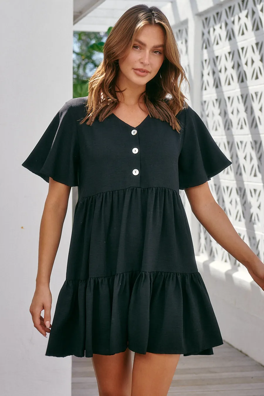 Element Tiered Black Button Dress