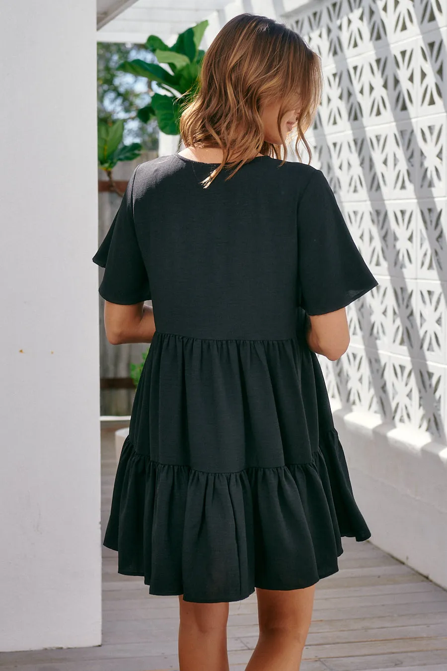 Element Tiered Black Button Dress