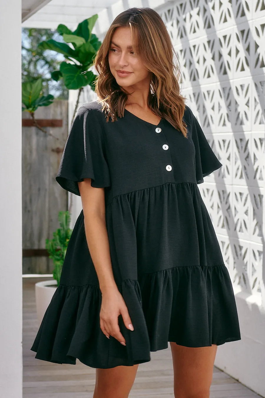 Element Tiered Black Button Dress