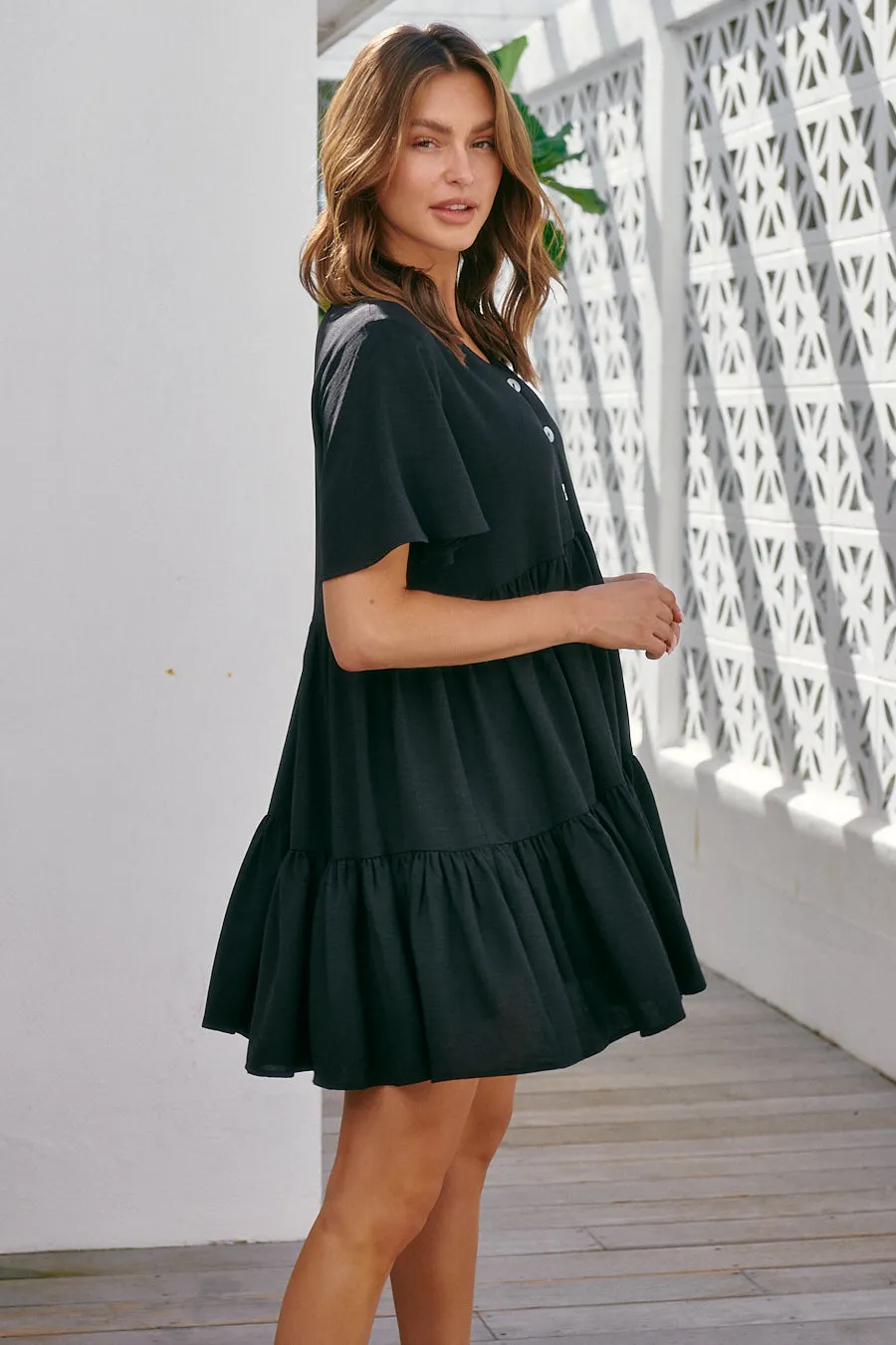 Element Tiered Black Button Dress