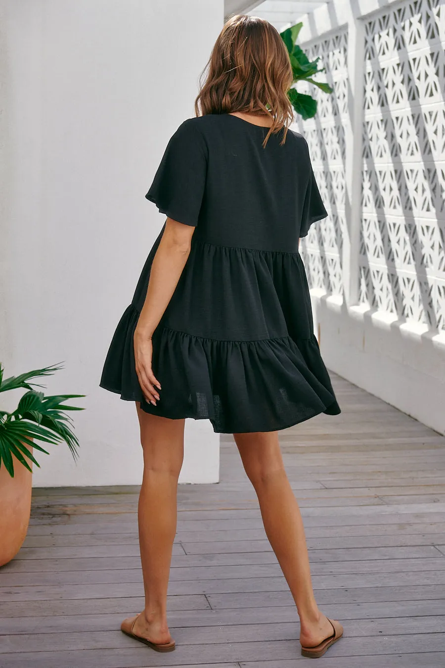 Element Tiered Black Button Dress