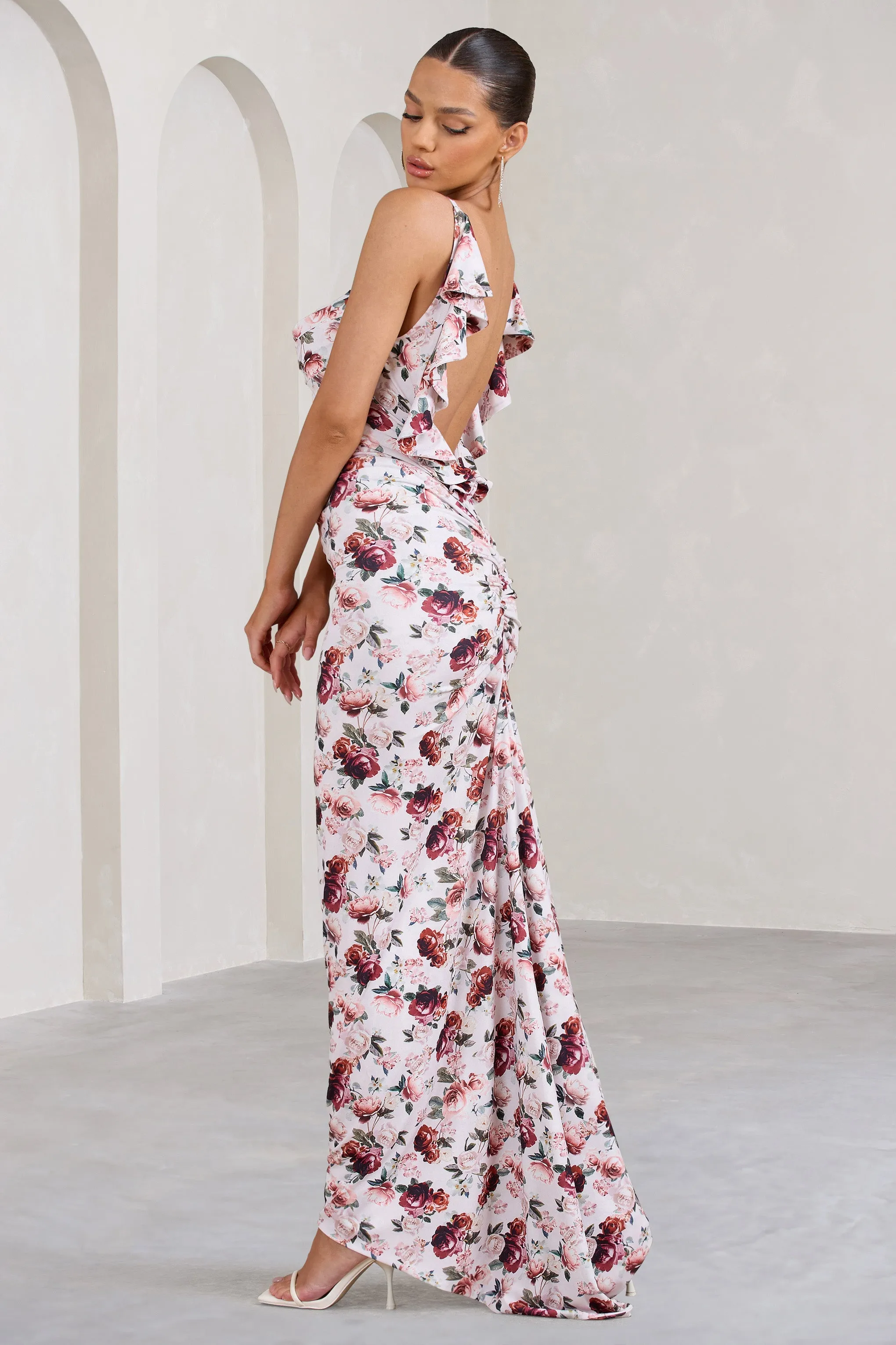 Flute | White Floral Bodycon Maxi Dress With Ruched Ruffled Back