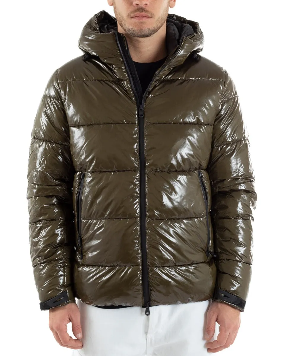 Giubbotto Uomo Bomber Vernice Lucido Verde Puffer Cappuccio GIOSAL-G2933A