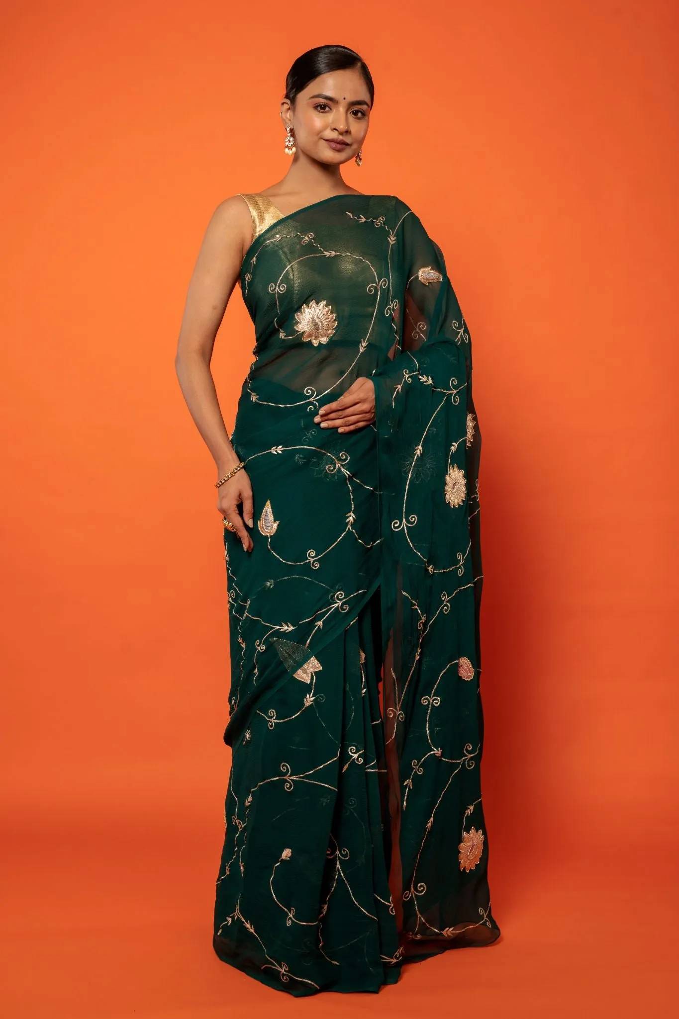 Green Pure Chiffon Chanderi work Saree