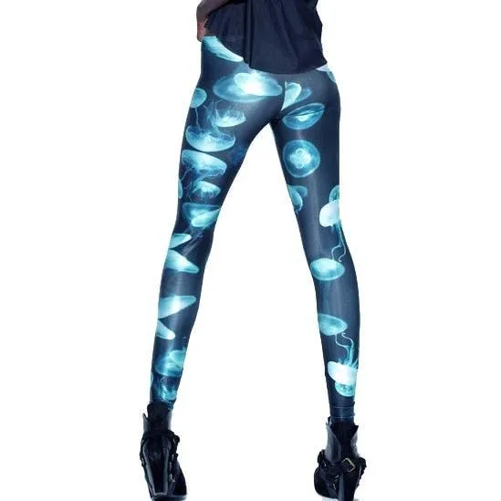 Jellyfish Digital Print Comfortable Stretch Leggings for Women in Shades of Blue