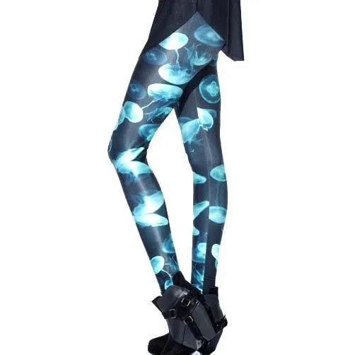 Jellyfish Digital Print Comfortable Stretch Leggings for Women in Shades of Blue