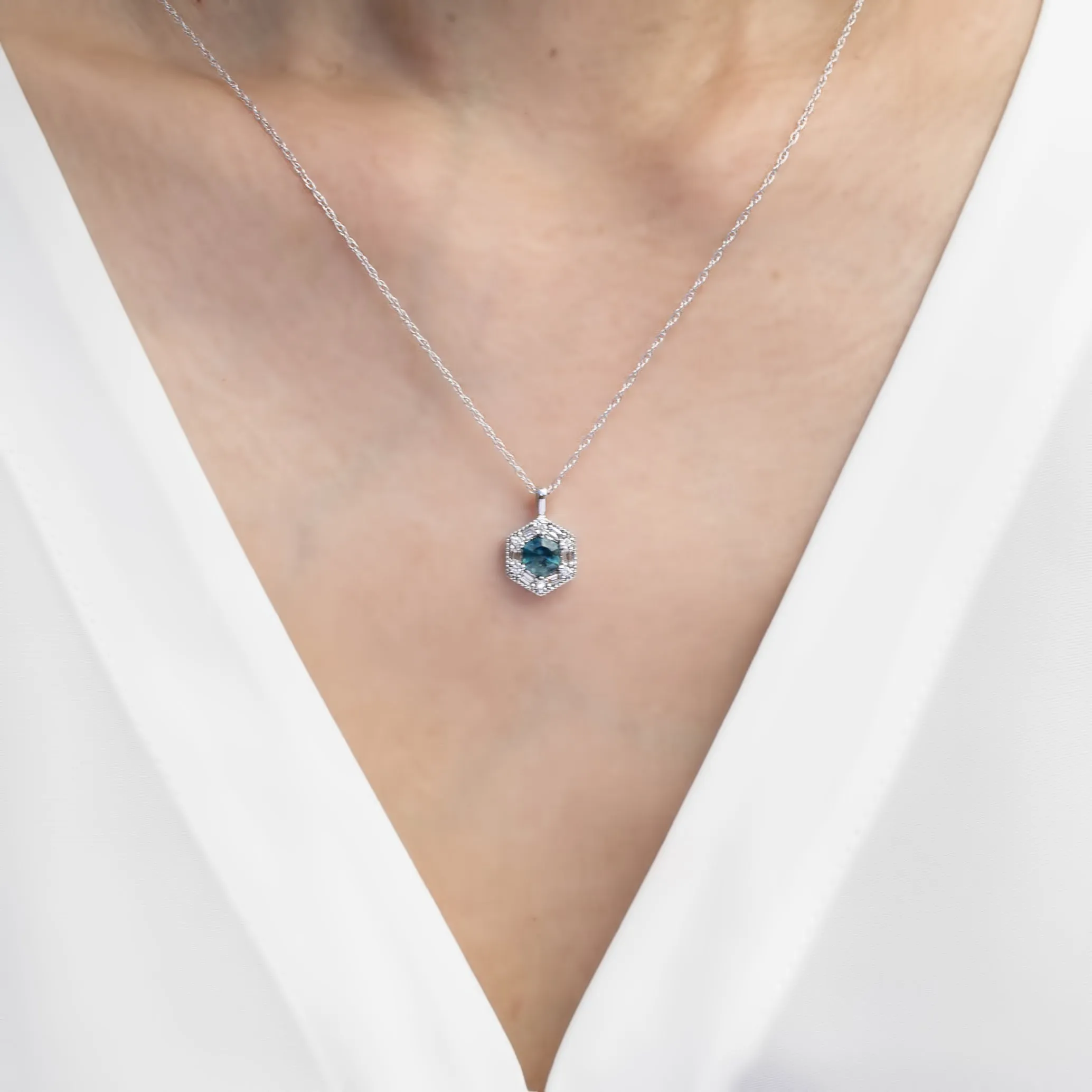 Lila Hexagon Necklace - 5mm Montana Sapphire Necklace, 14k white gold