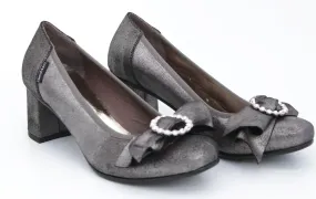 MARCO MOREO Pewter Leather Block Heel court shoe  with bow detail