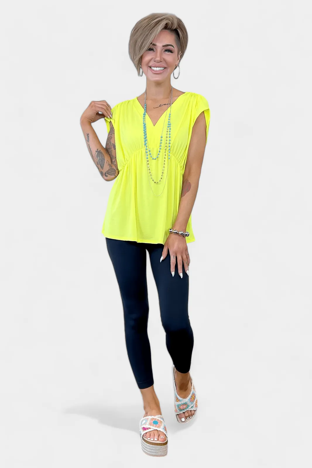 Neon Yellow V Neck Babydoll Top [NO RETURNS]