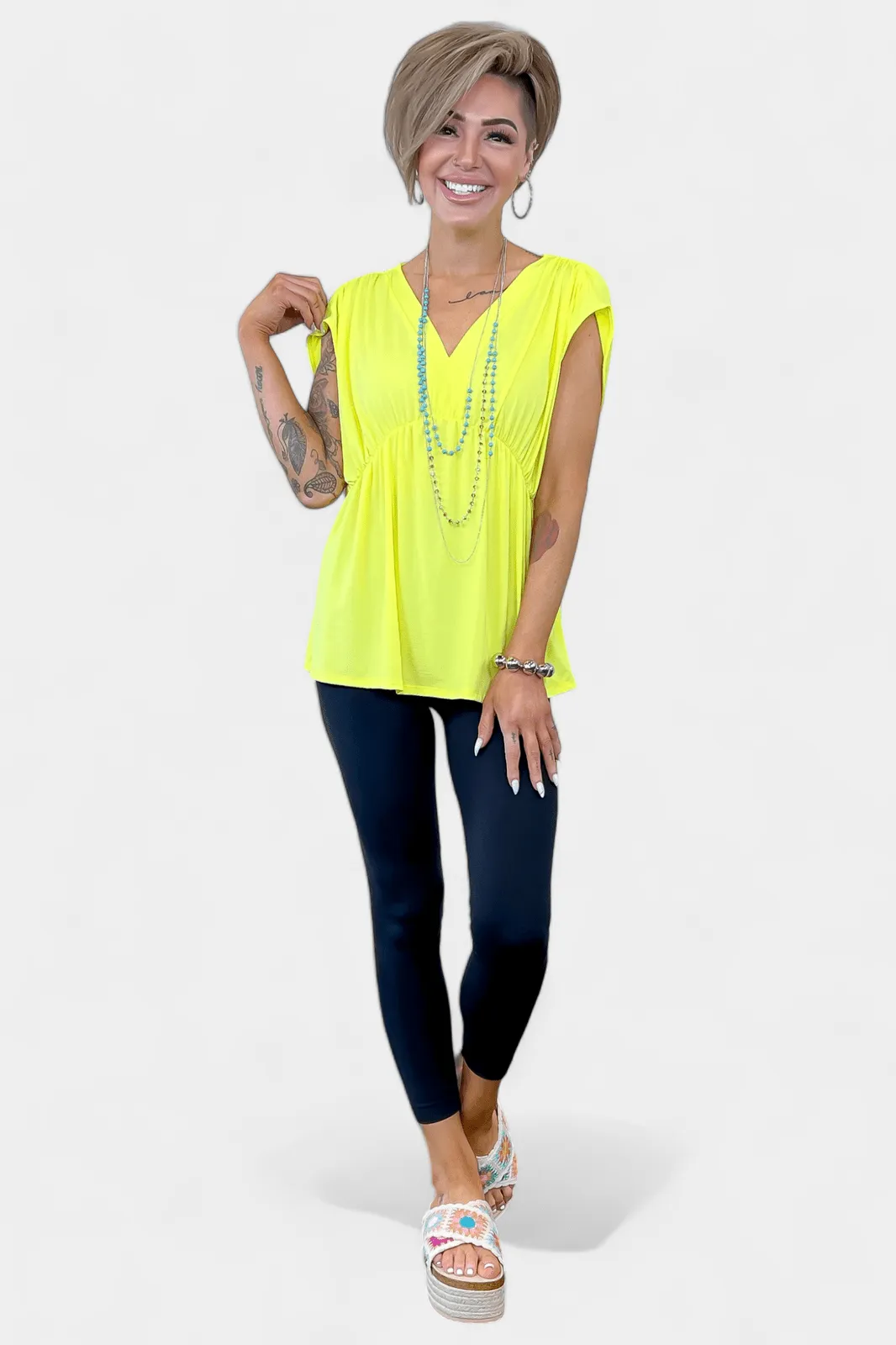 Neon Yellow V Neck Babydoll Top [NO RETURNS]