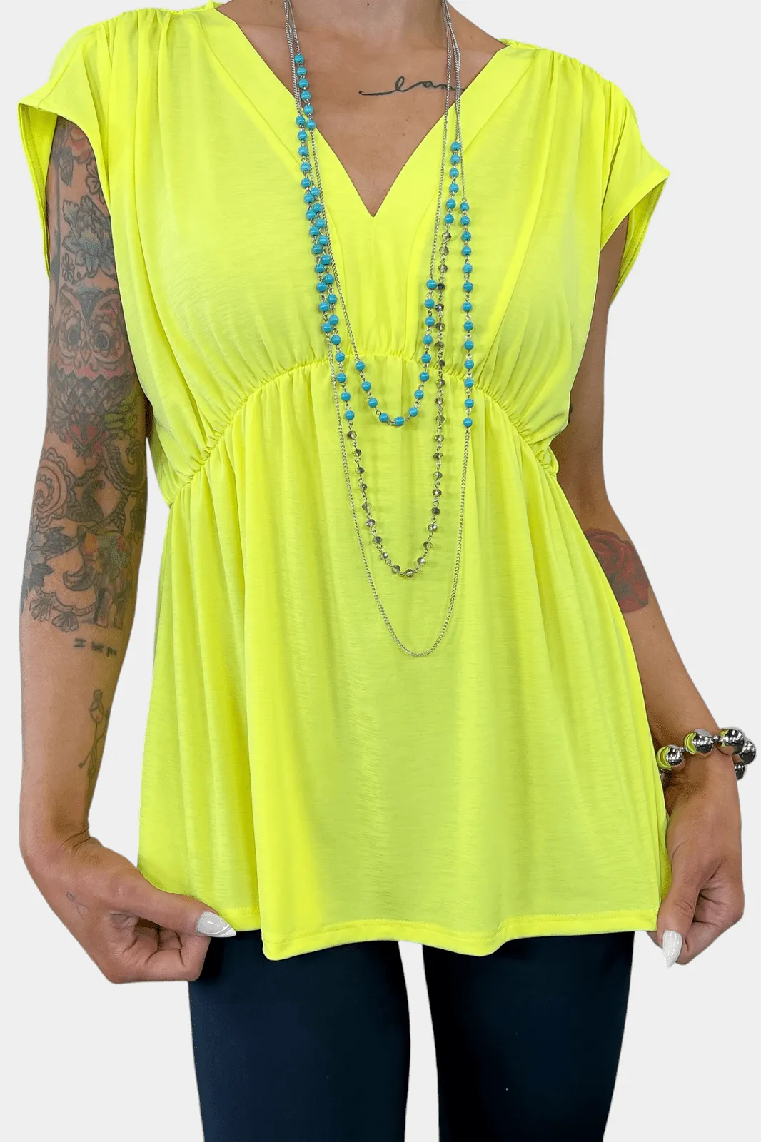 Neon Yellow V Neck Babydoll Top [NO RETURNS]