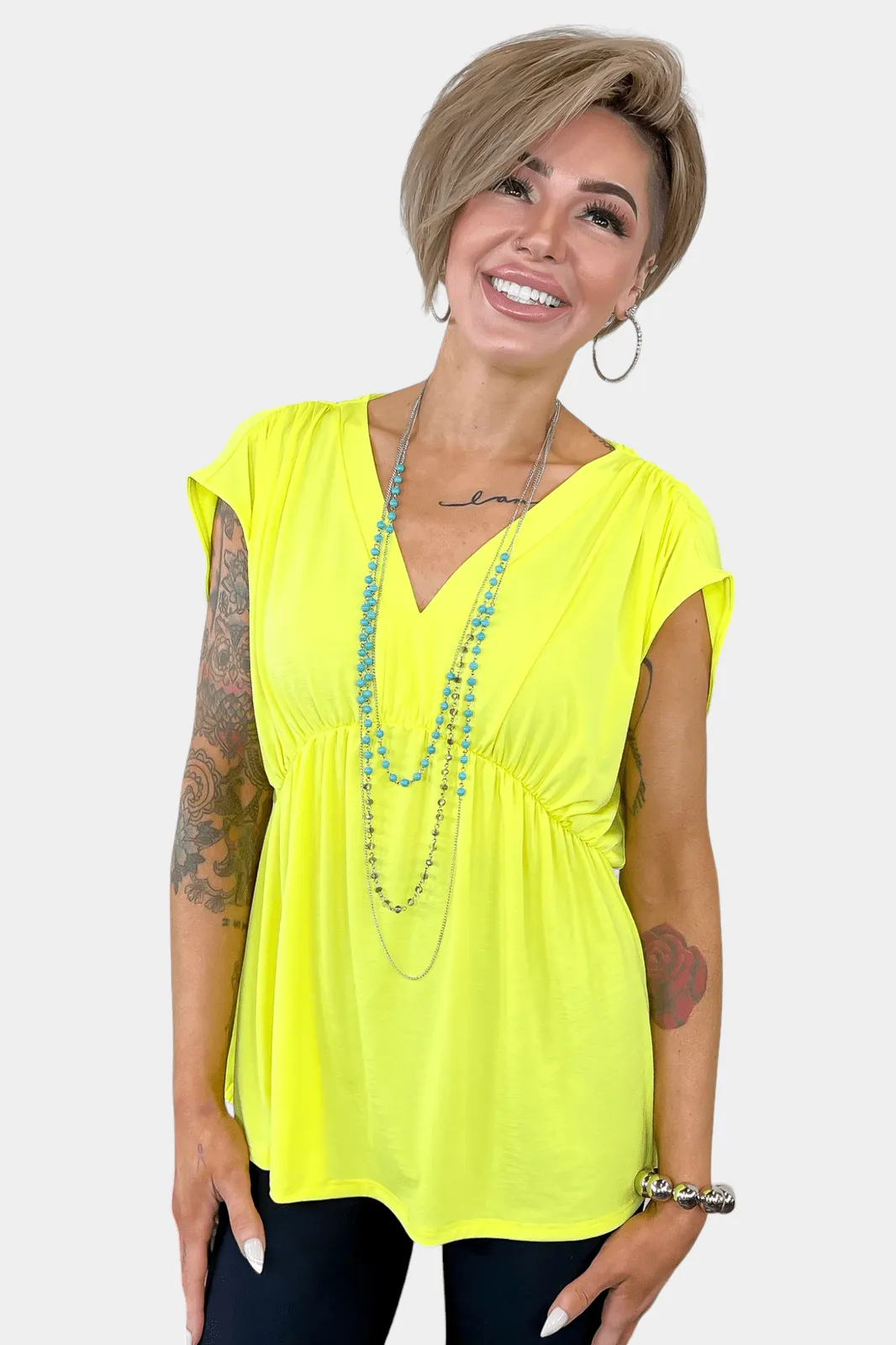 Neon Yellow V Neck Babydoll Top [NO RETURNS]