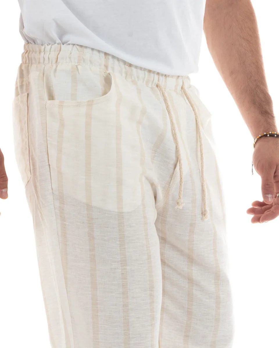 Pantaloni Uomo Pantalaccio Rigato Righe Beige Elastico Coulisse Casual GIOSAL-P5786A