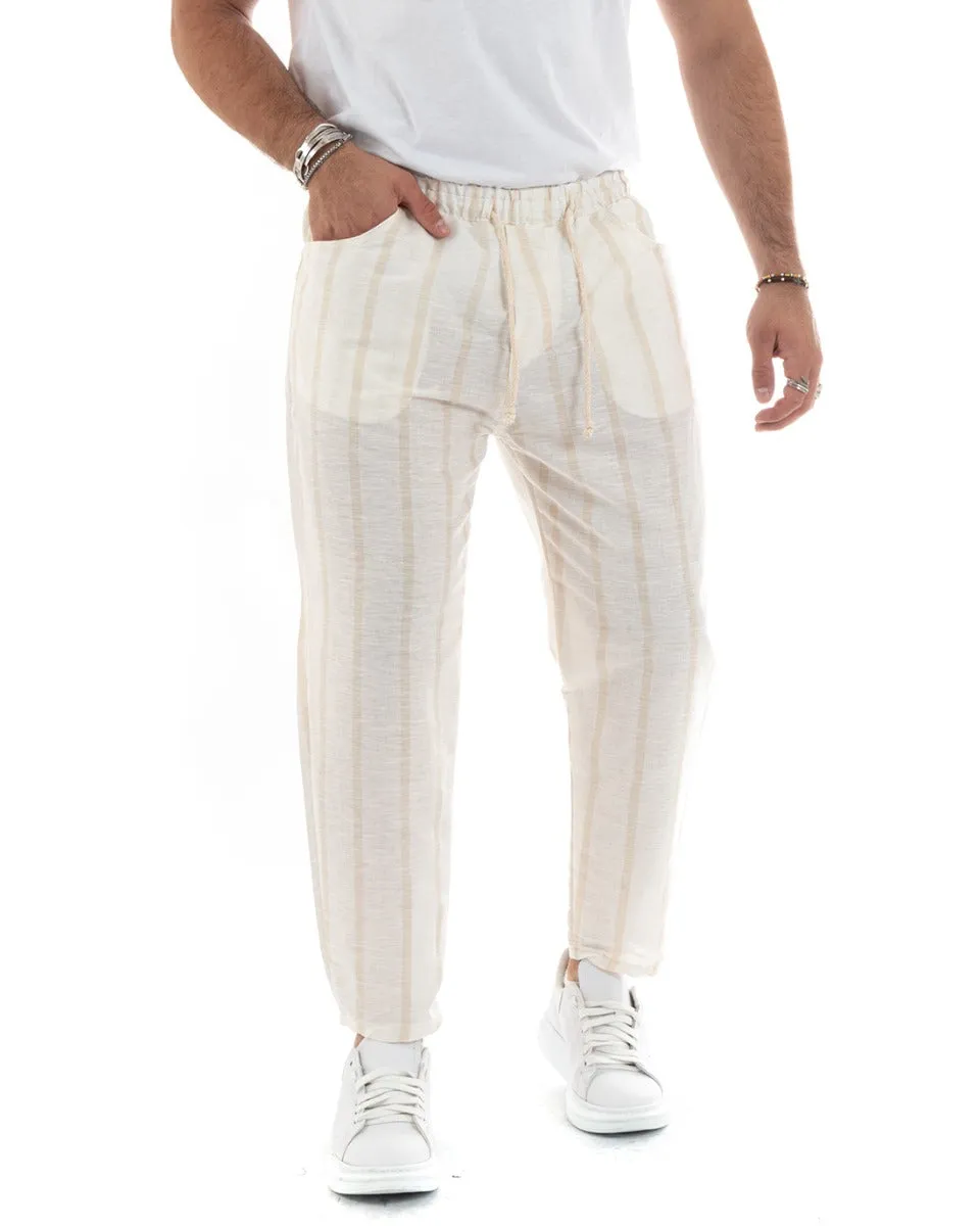 Pantaloni Uomo Pantalaccio Rigato Righe Beige Elastico Coulisse Casual GIOSAL-P5786A