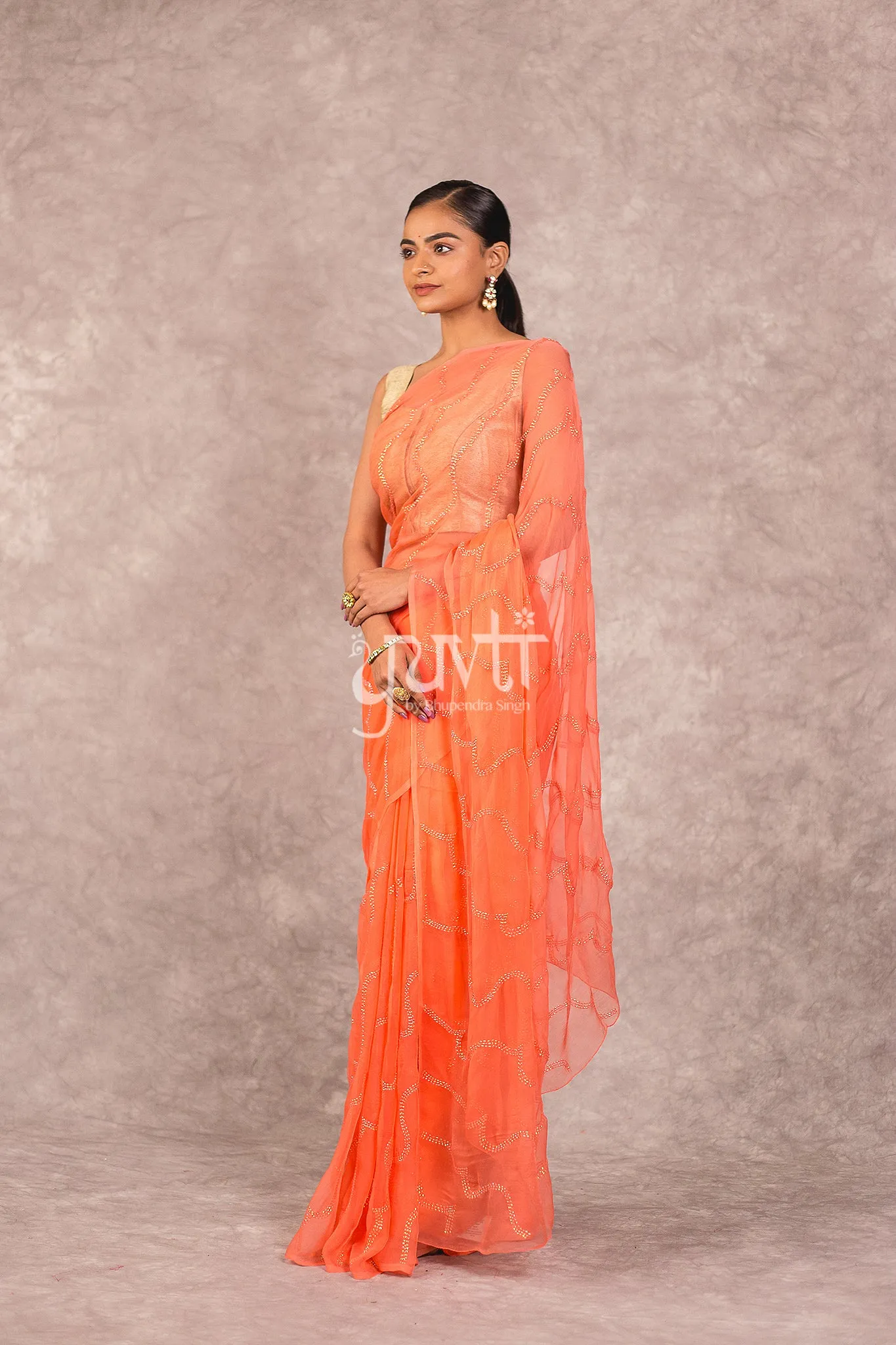 Peach Viscose Chiffon Katori Work Saree