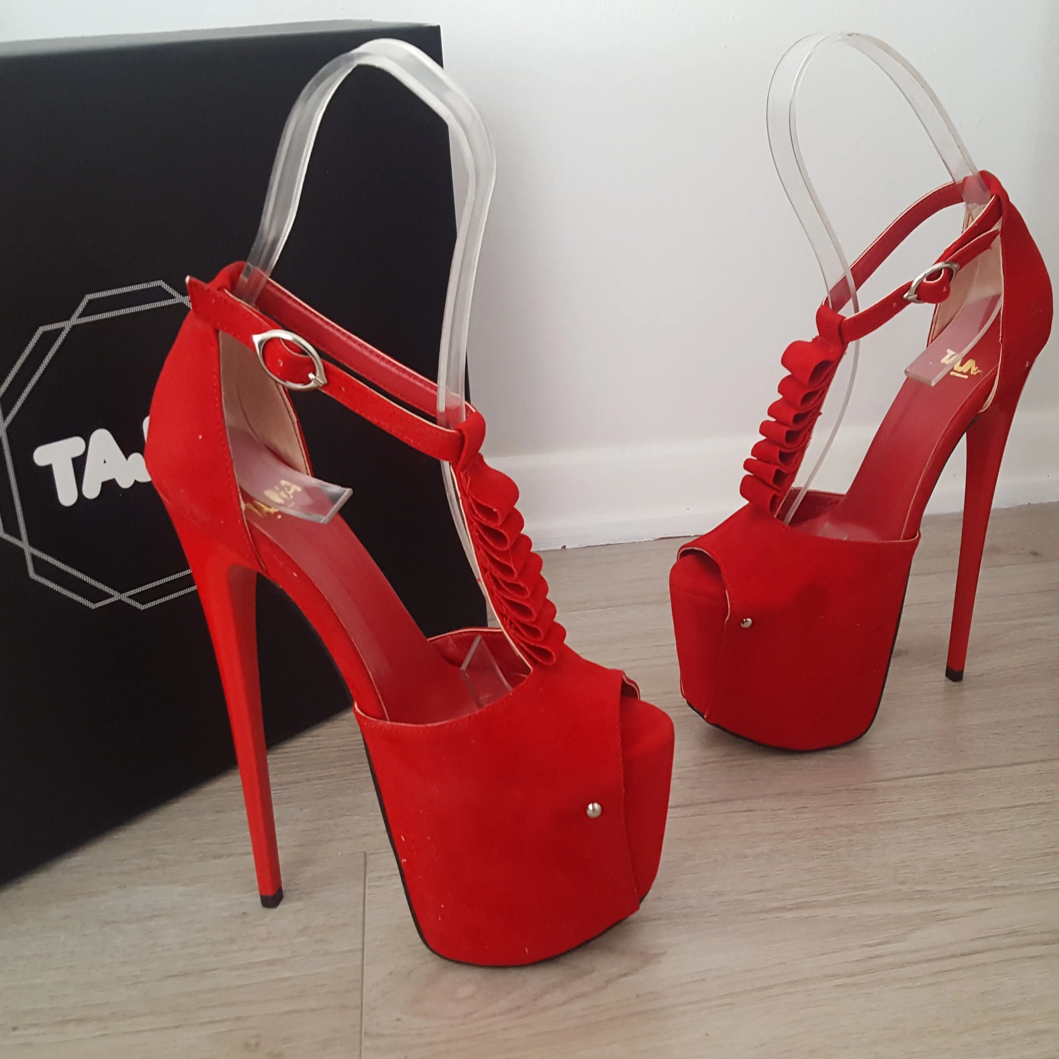 Red Multi Ribbon High Heel Platform Shoes