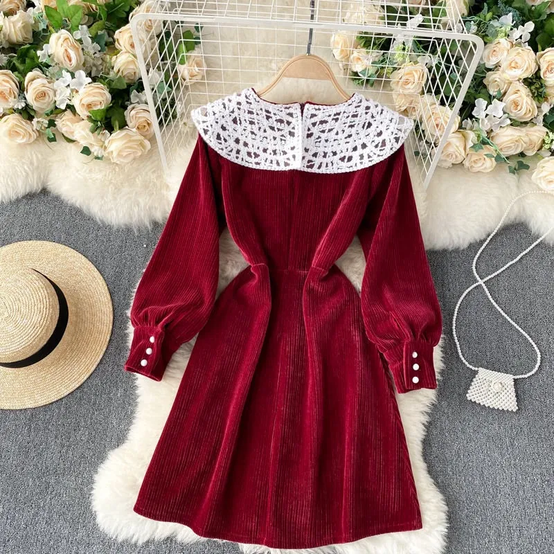 RETRO SWEET LACE BOW CORDUROY SLIM DRESS BY98333