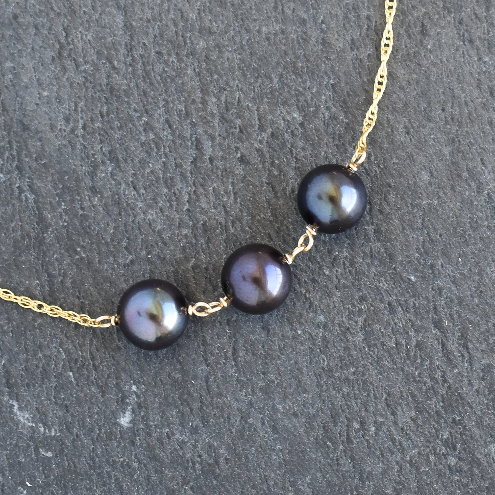 Three Black Pearl Station Necklace