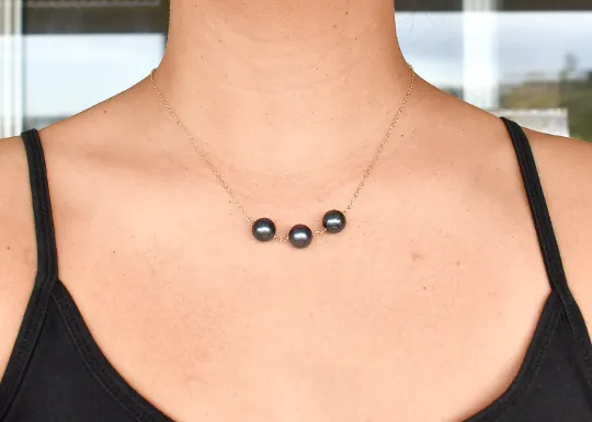 Three Black Pearl Station Necklace