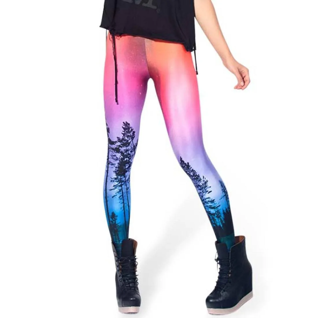 Tree Silhouette on Pink Nebula Sky Gradient Ombre Digital Print Legging Pants for Women