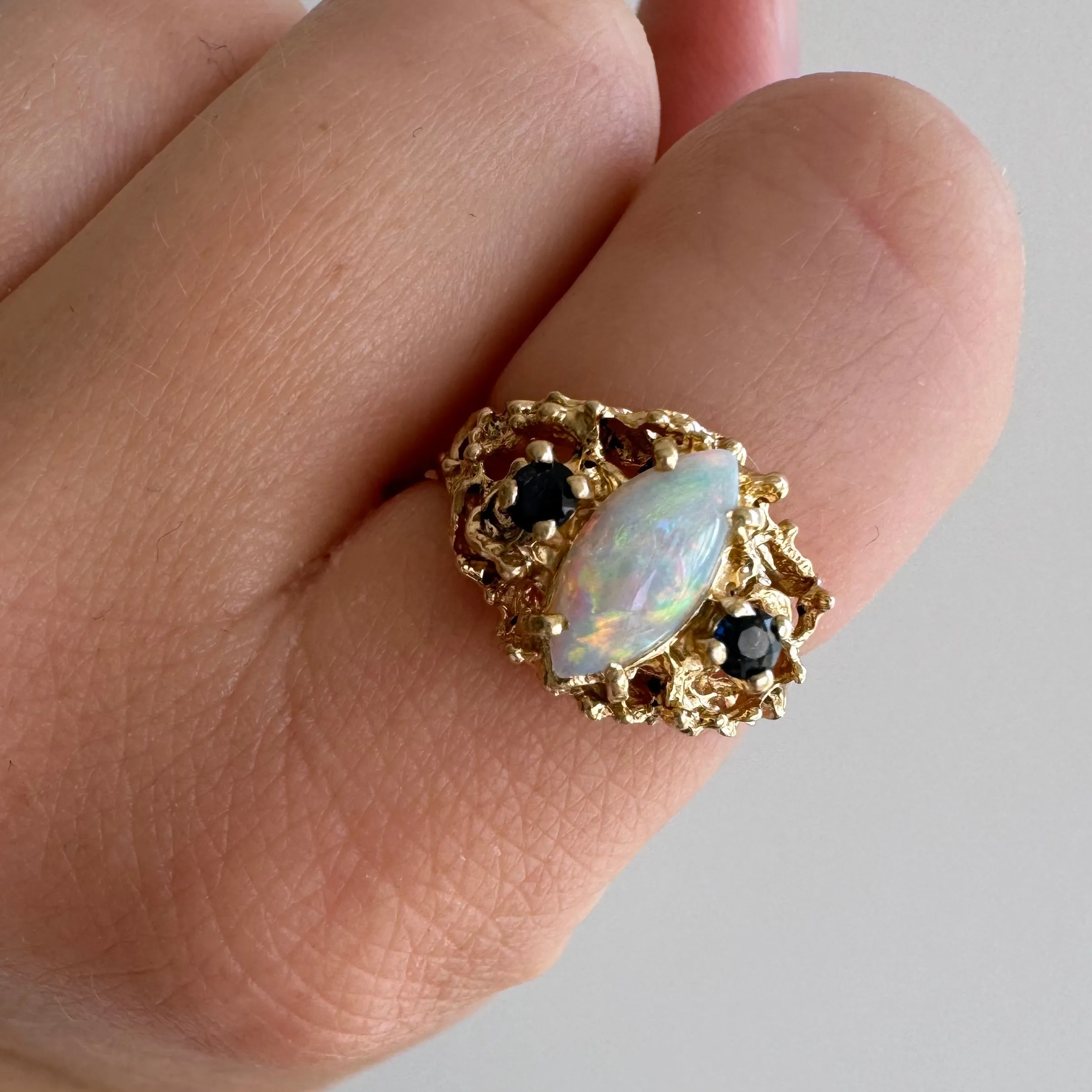 V I N T A G E // the mermaid's ring / 14k brutalist setting with opal and blue stones / size 6.25