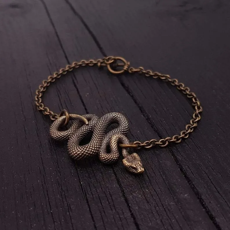 Viper Snake Bracelet Solid Hand Cast Bronze Polished Oxidized Finish