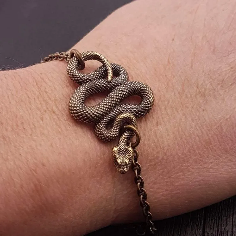 Viper Snake Bracelet Solid Hand Cast Bronze Polished Oxidized Finish