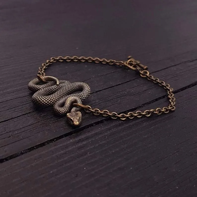 Viper Snake Bracelet Solid Hand Cast Bronze Polished Oxidized Finish